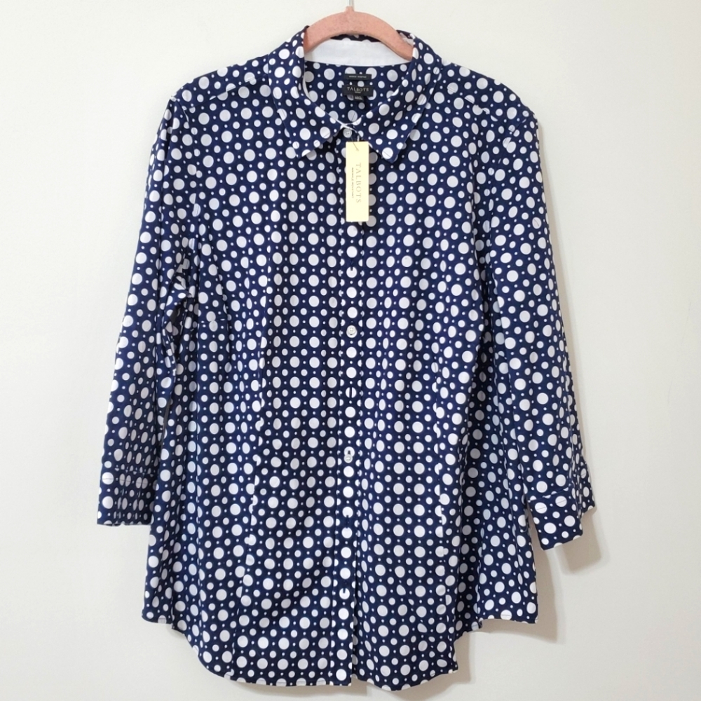 Talbots Women Navy Polka Dot Blouse 14 NEW
